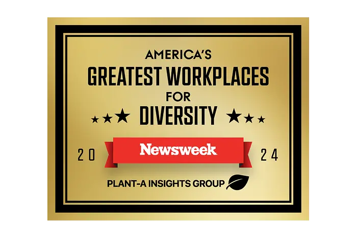 Gold seal emblazoned with the logo for the Newsweek and Plant-A Insights 'America's Greatest Workplaces for Diversity' logo